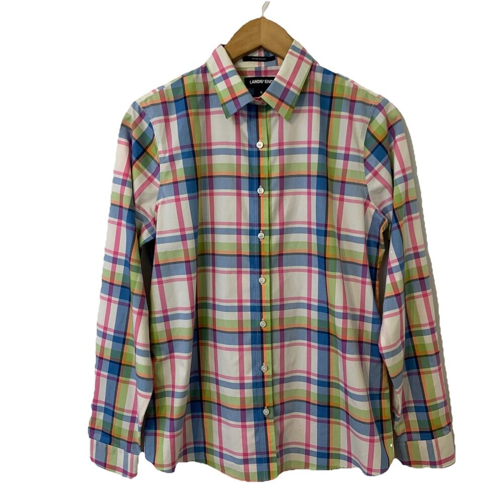 Lands End Women Size 8 No Iron Supima Long Sleeve Button Up Plaid Shirt Pastels